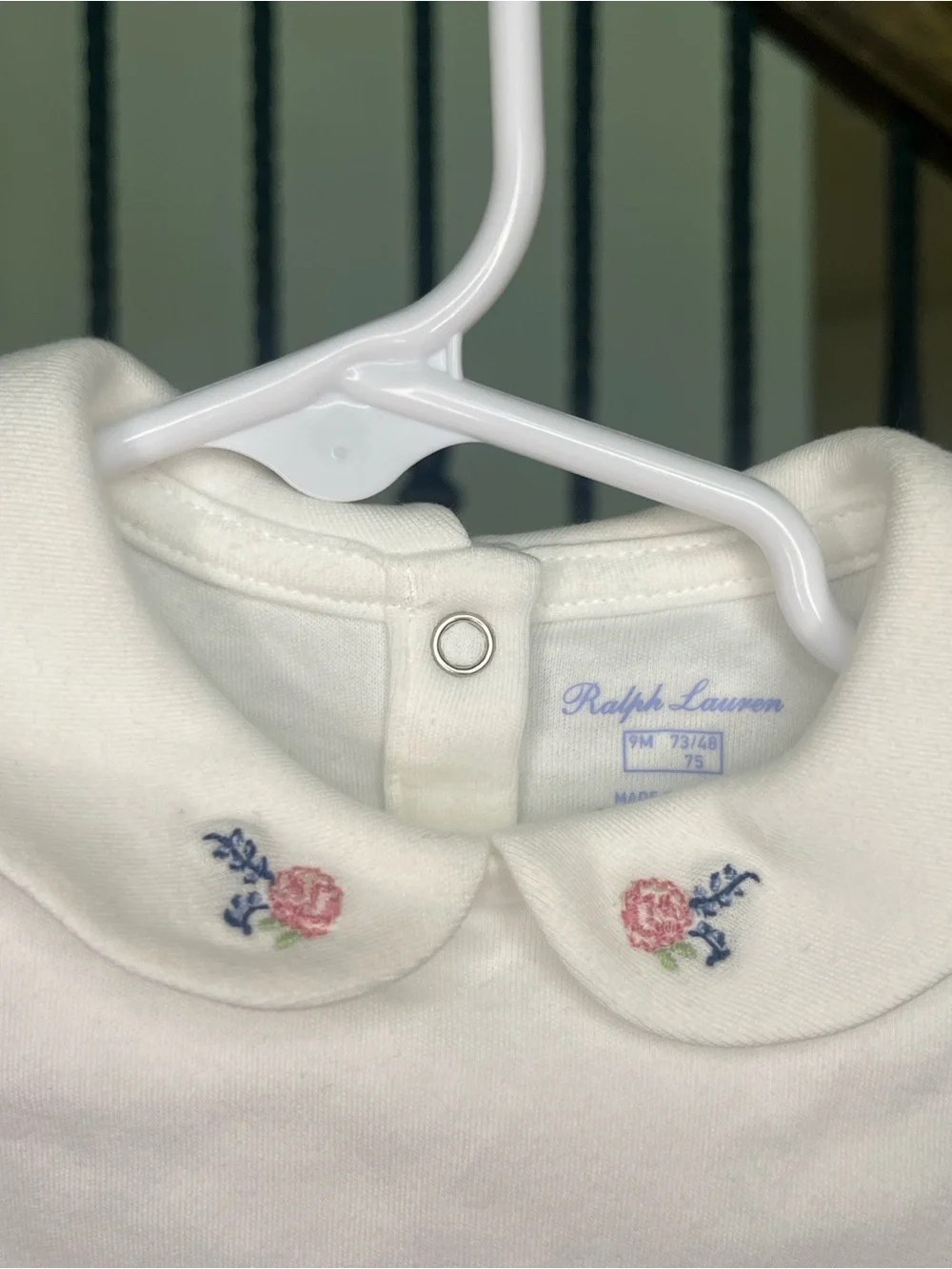 Ralph Lauren White Peter Pan Collar Bodysuit with Pink & Blue Floral Embroidery